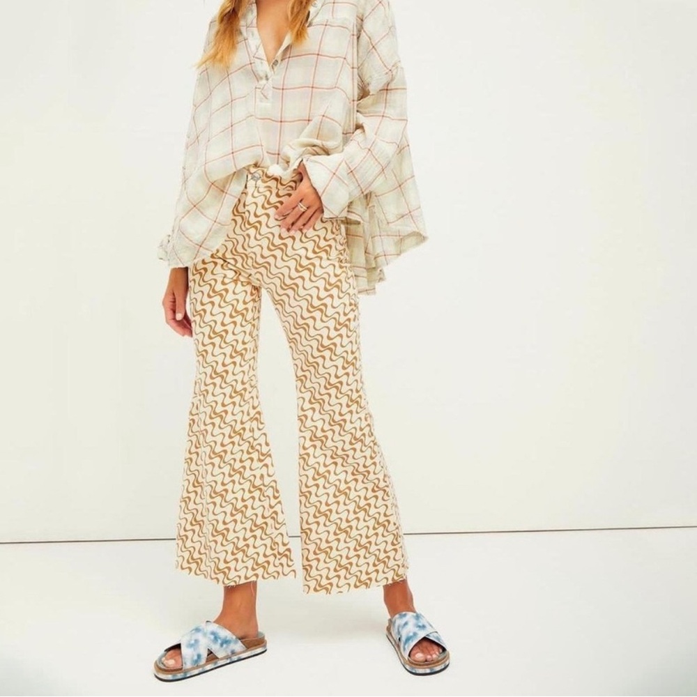Free People Beige Wave-Print Cropped Wide-Leg Pants